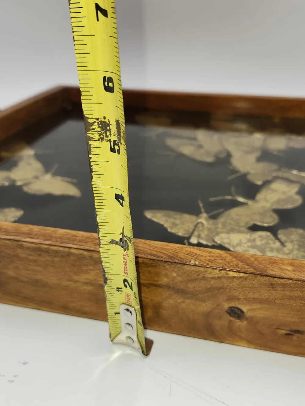 Peir 1 Vintage Gold Butterfly Serving Tray Glass Top Wood Frame Brass Handles